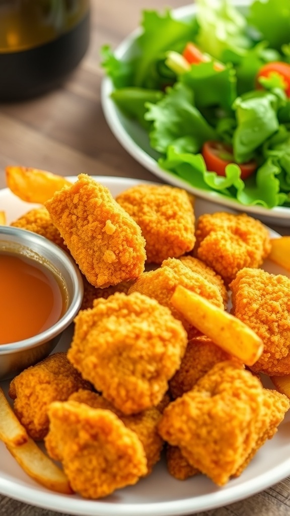 Crispy Air Fryer Chicken Nuggets Meal Crispy air fryer chicken nuggets on a plate with fries and dipping sauce.